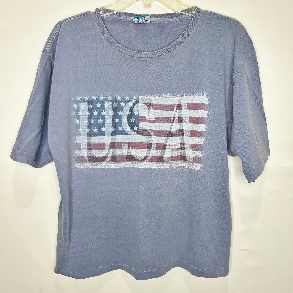 EVO Woman’s Top sz M Blue Short Sleeves USA Distressed Logo made in USA